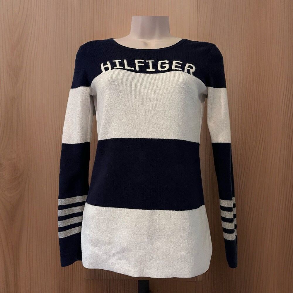 Tommy Hilfiger Wool Logo Stripe Sweater Womens S Blue White Fisherman Nautical
